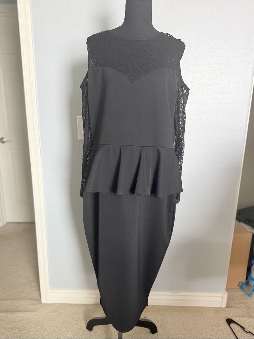 Boohoo Black Lace Peplum Midi Dress with Sheer Sleeves